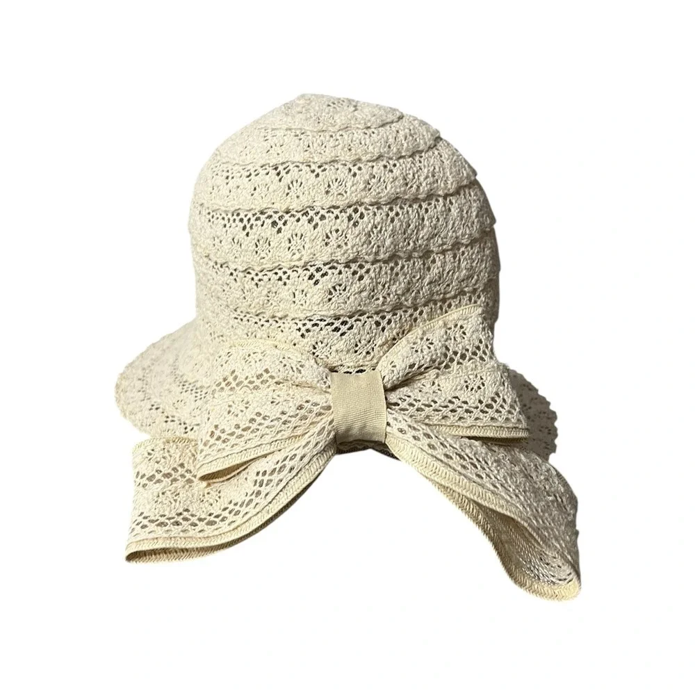 Jane & Berry Cream Crochet Cloche Hat with Back Bow Accent One Size